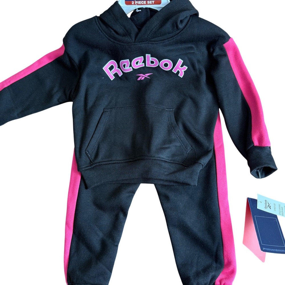 Reebok Kids Black Pink Tracksuit Hoodie Pants 2 Piece Set Size 24M